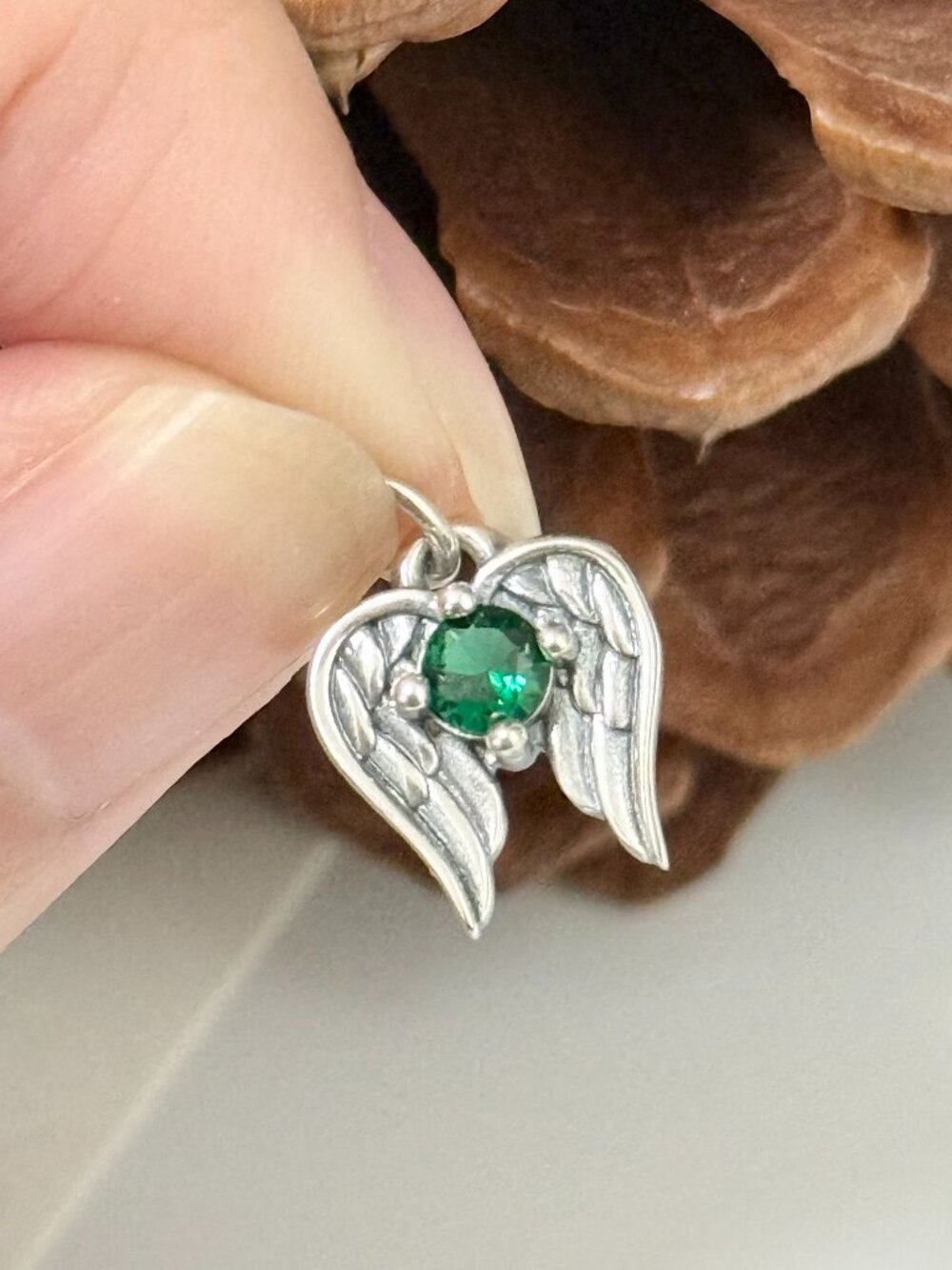 Angel Wings May Birthstone Charm Lab-Created Emerald